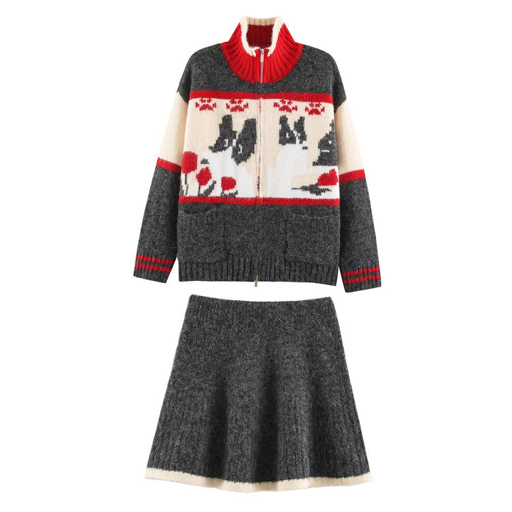 Women's Knit Two-Piece with Zipper Jacket and Flared Wool Blend Skirt Amarae