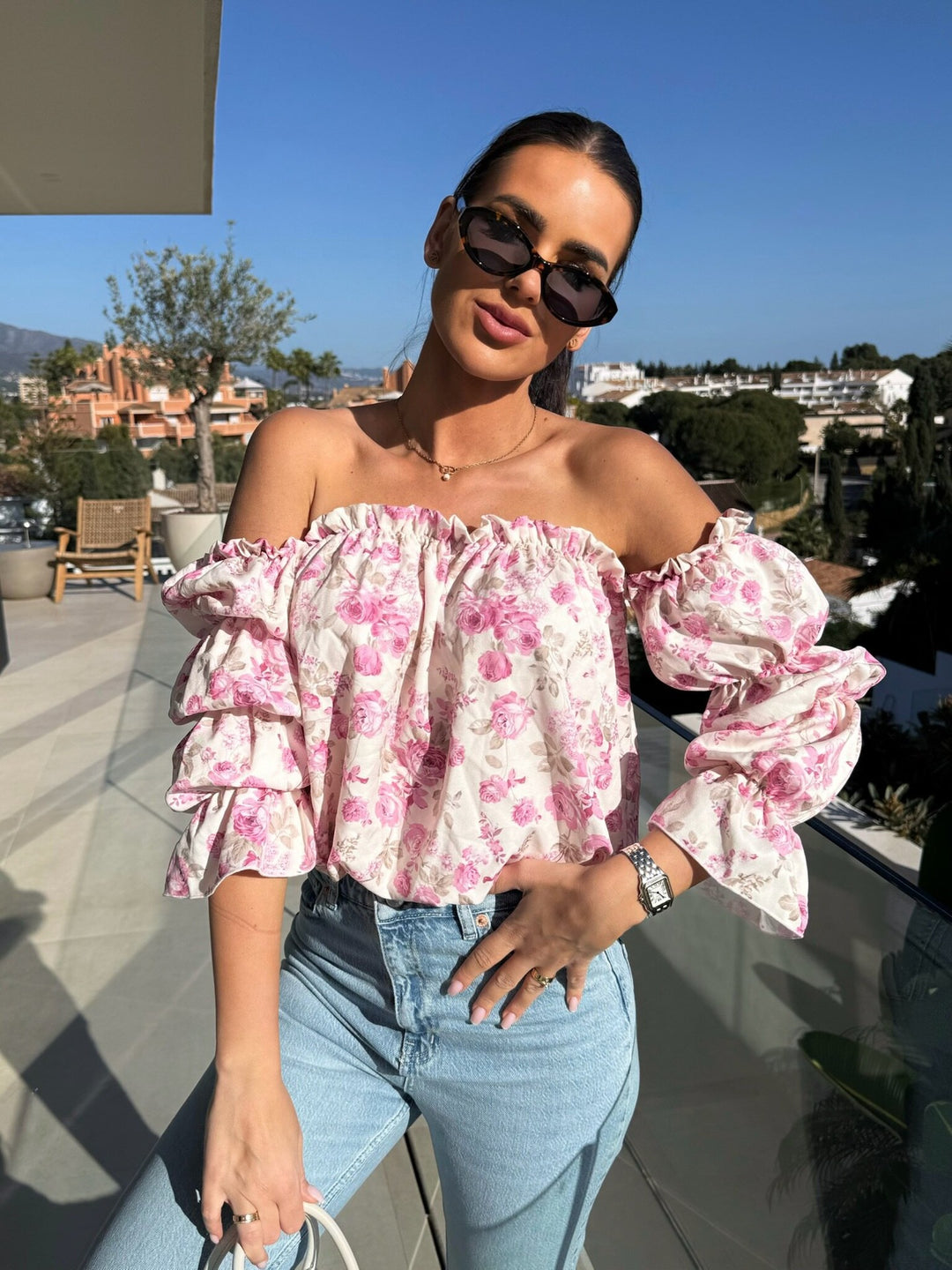 Woman Chic Top with Off-Shoulder and Puff Sleeves with Flowers