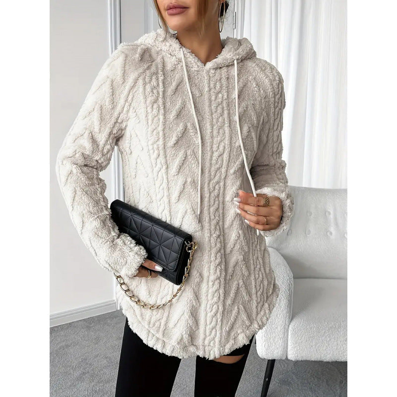 Women Cozy Teddy Hoodie with Cable Knit Pattern Drawstring and Rounded Hem Amarae