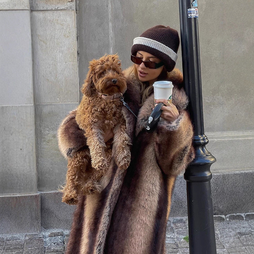 Ladies Maxilength Oversize Faux Fur Coat with Vintage Cut and Wide Lapel Collar Amarae