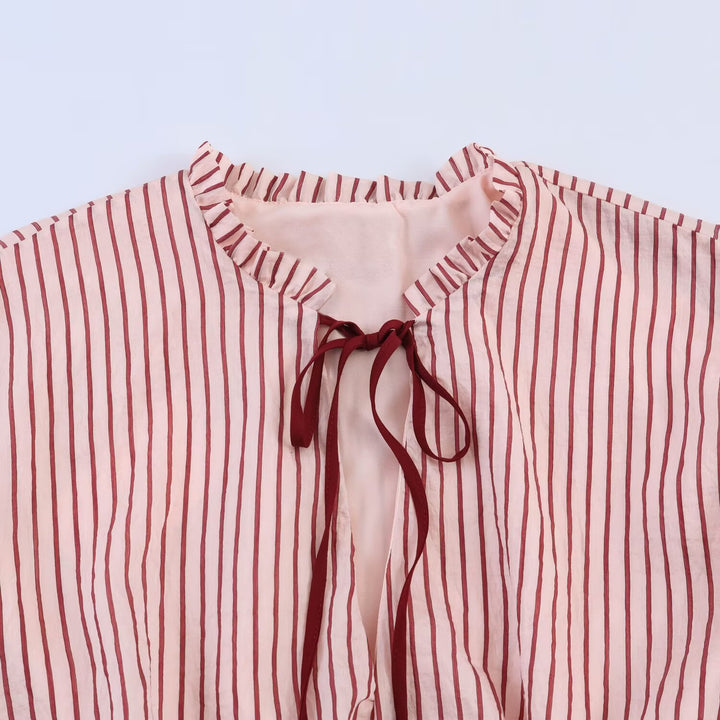 Women's Striped Oversize Blouse with Tassel Band and Volume Sleeves Amarae