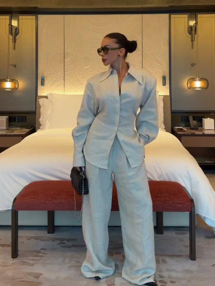 Women's Loose Linen Two-Piece with Boxy Shirt Blazer and Wide Palazzo Pants Amarae
