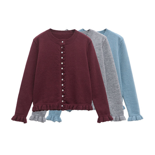 Casual knit jacket for women with ruffle details and a button closure Amarae