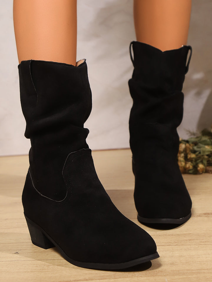 Ladies Velvet Leather Slouch Cowboy Boots with Low Block Heel Amarae