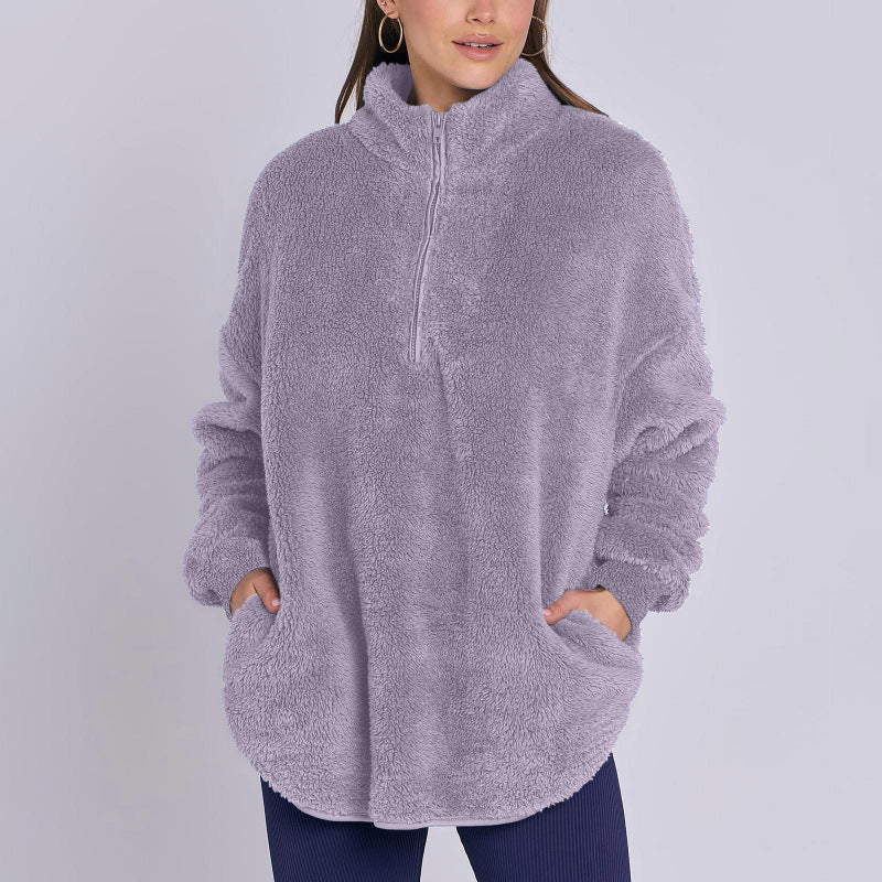 Women Fluffy Oversized Sherpa Pullover with Half Zip and Kangaroo Pockets Amarae