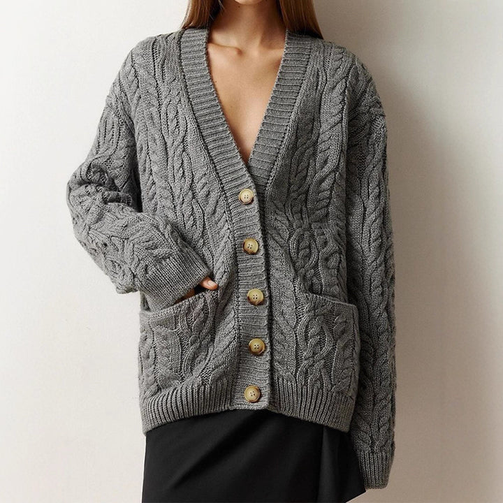 Women Oversize Cable Knit Cardigan with V-Neck and Patch Pockets Amarae