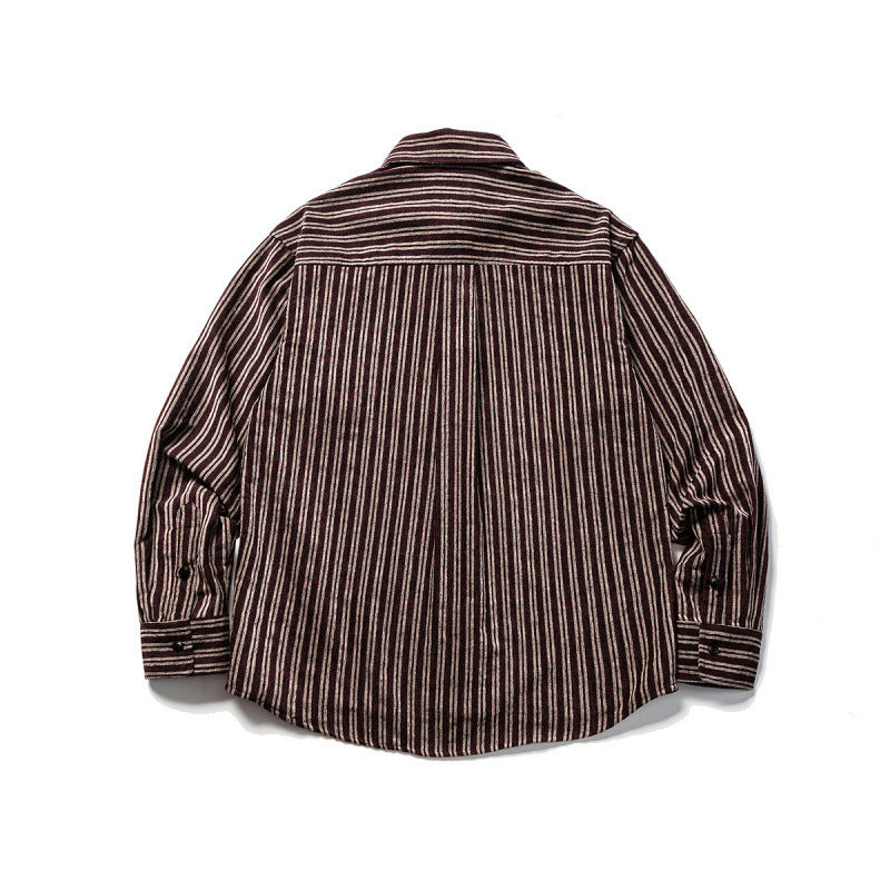 Men's Oversize Cord Shirt with Vertical Stripes, Chest Pocket and Rounded Hem Amarae