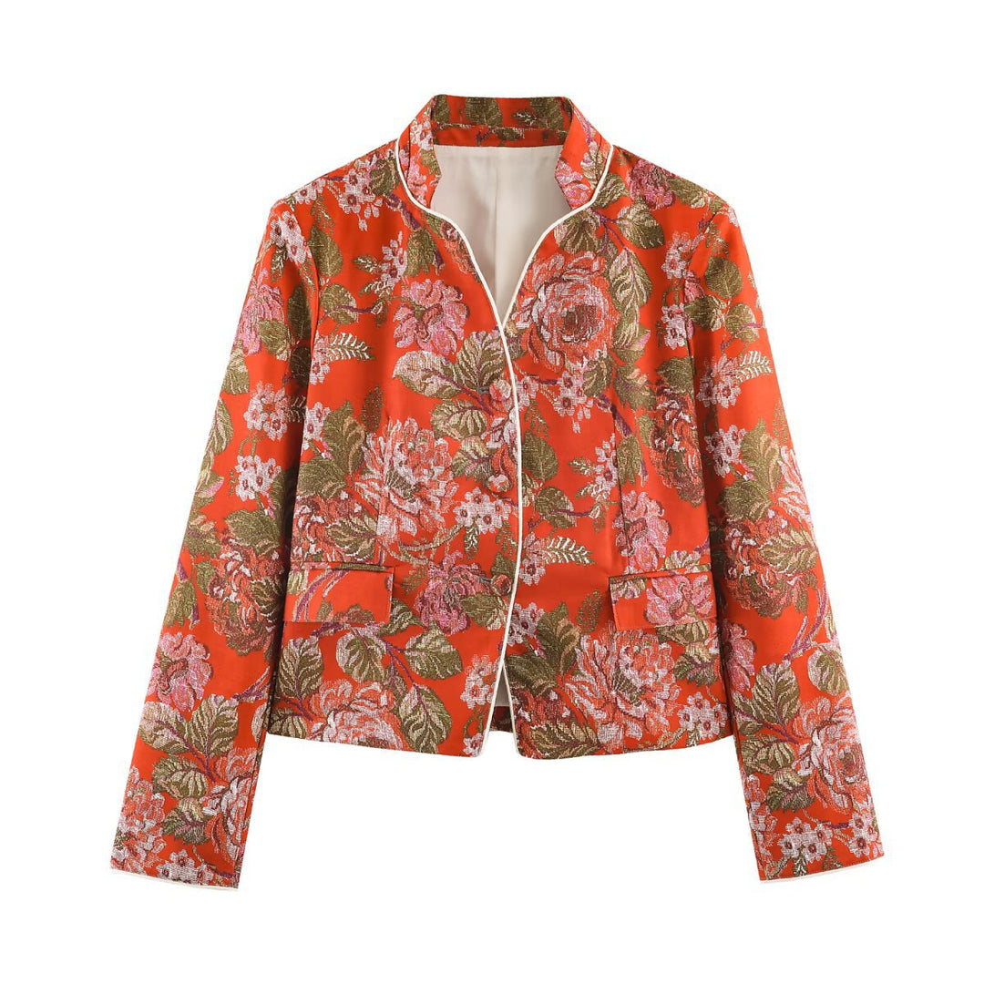 Women's short blazer in brocade jacquard with stand-up collar and piped edge Amarae