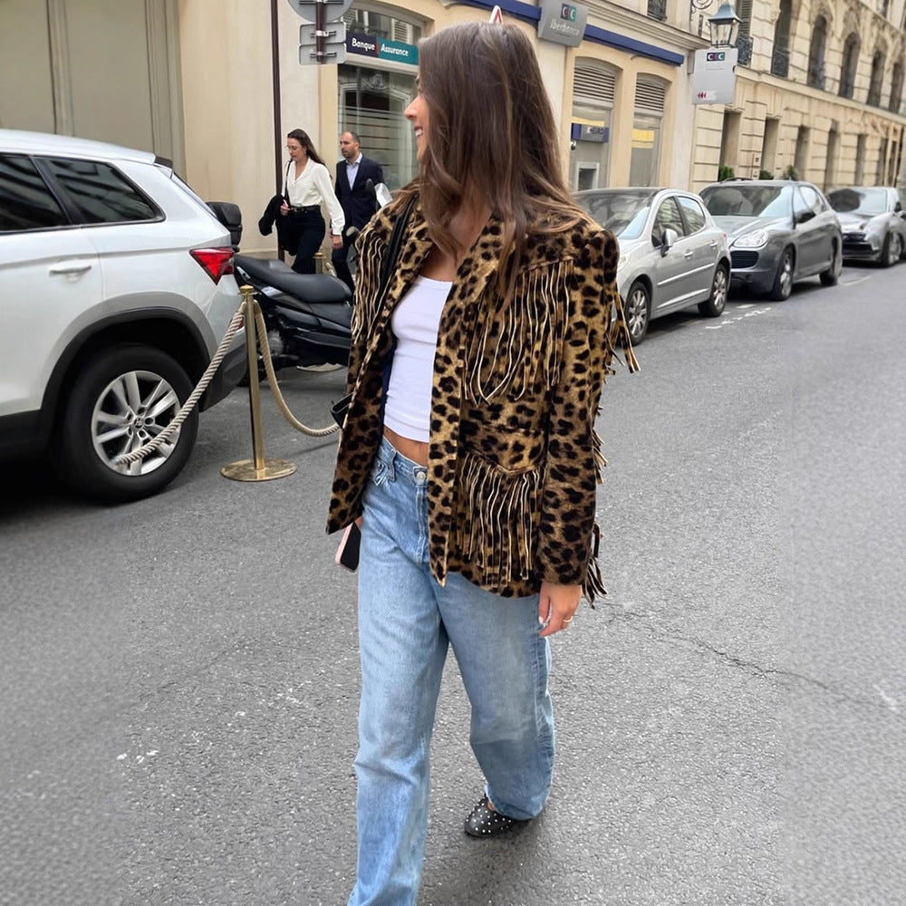 Women Short Faux Fur Blouson with Leopard Print and Fringe Amarae