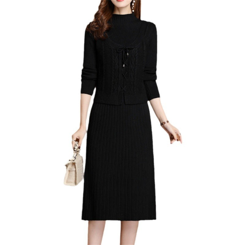Elegant knitted dress for women with high collar and decorative braid design Lune London