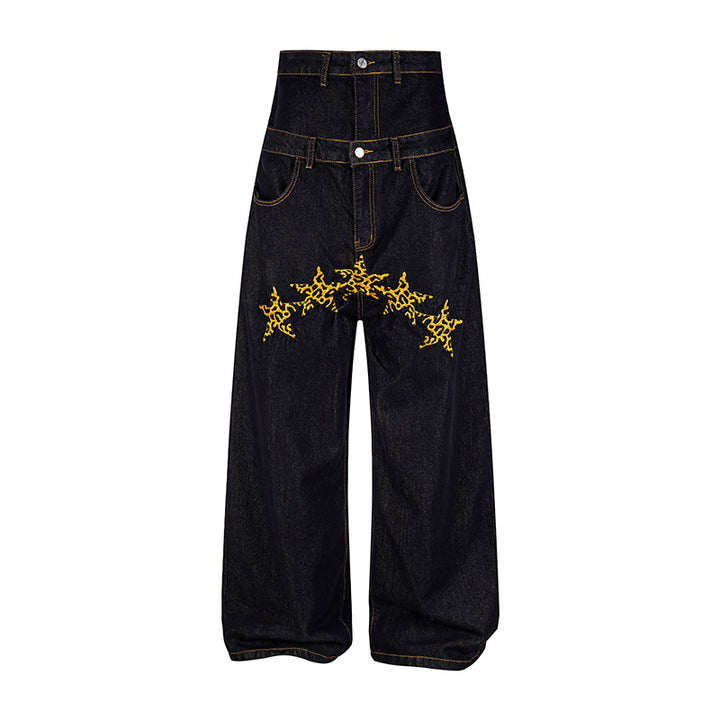 Women High-Waisted Wide Jeans with Decorative Star Embroidery Amarae