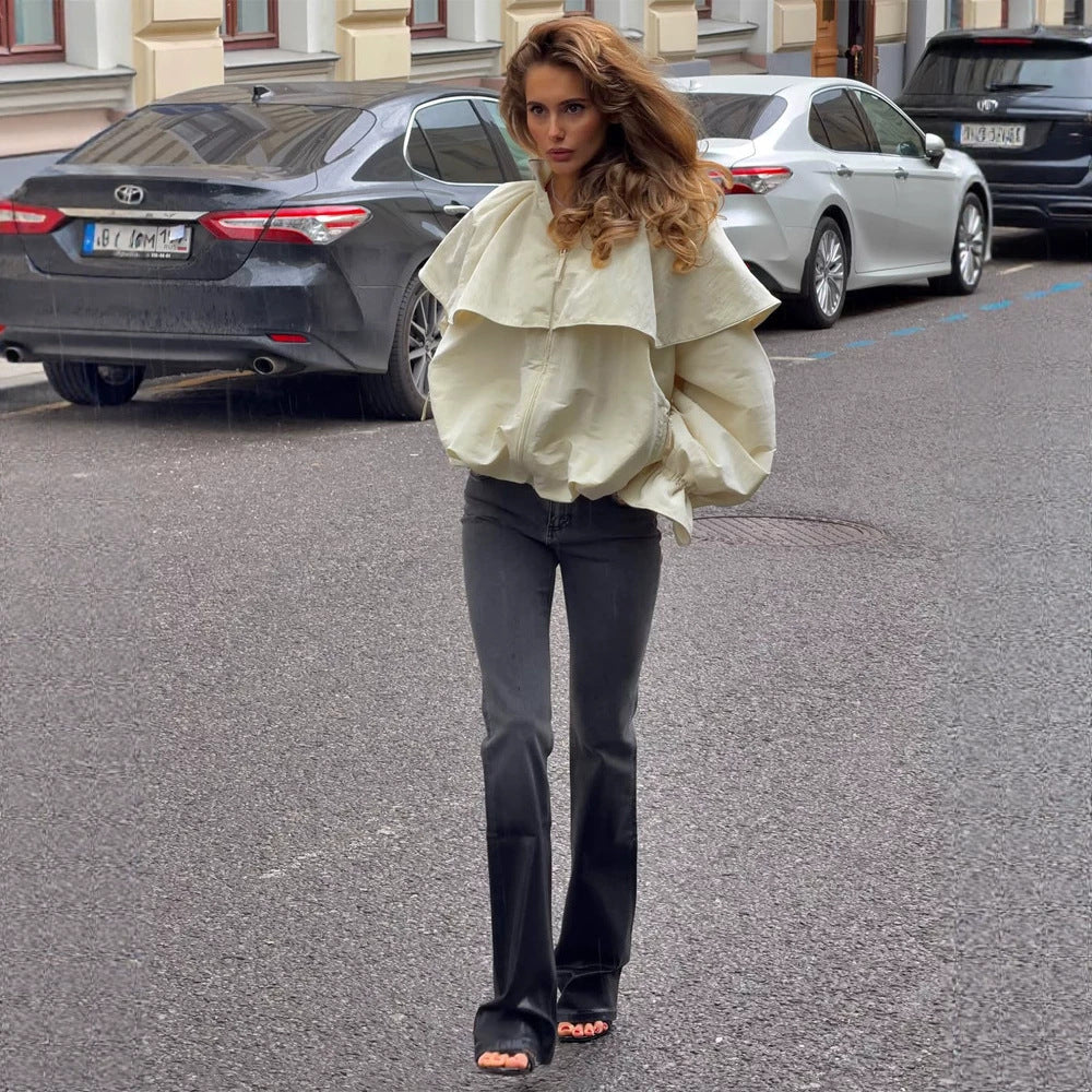 Women's Oversized Jacket with Cape Collar, Balloon Sleeves and Drawstring Amarae
