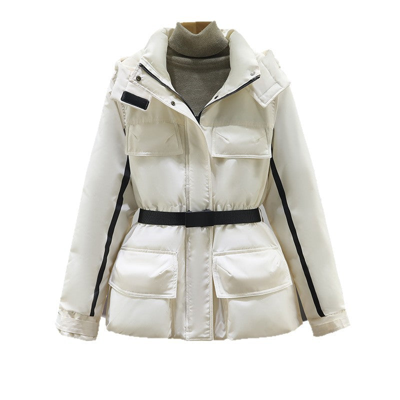 Ladies insulated parka with practical belt at the waist and large pockets Lune London