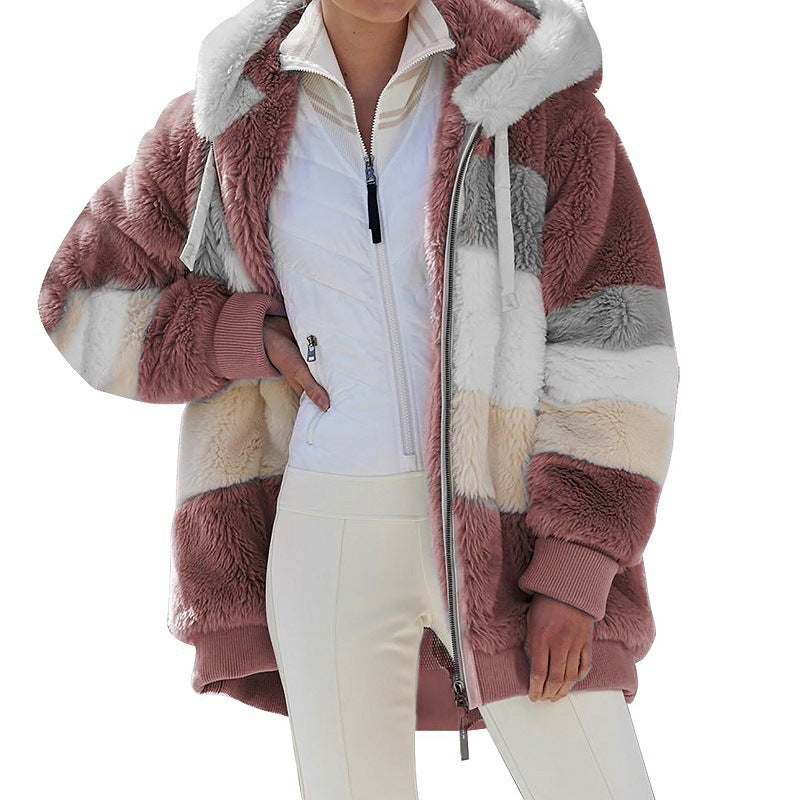 Women's Striped Oversized Teddy Jacket with Hood, Zipper and Ribbed Cuffs Amarae