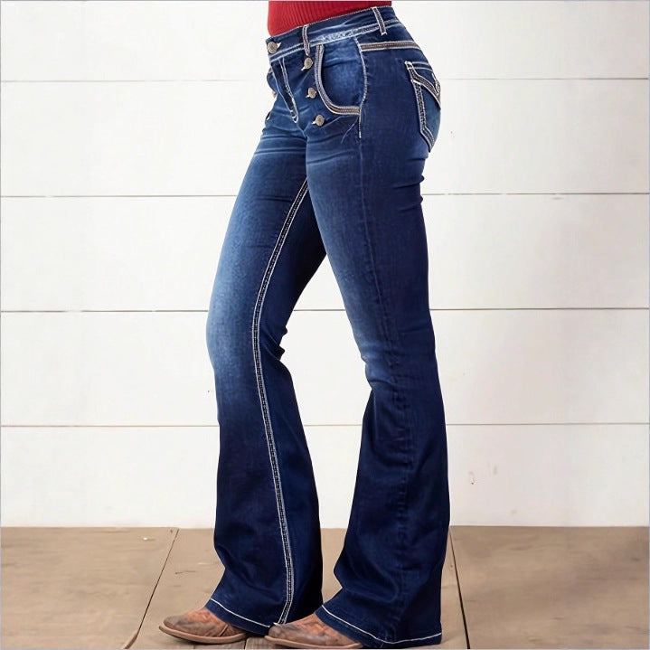 Women's High-Waisted Flared Jeans with Decorative Metal Buttons and Contrast Stitching Amarae