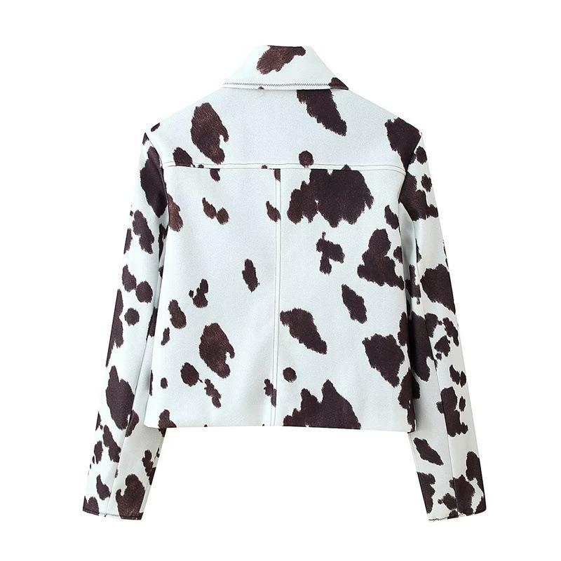Women's leather jacket with trendy cow spot design and elegant button list Lune London