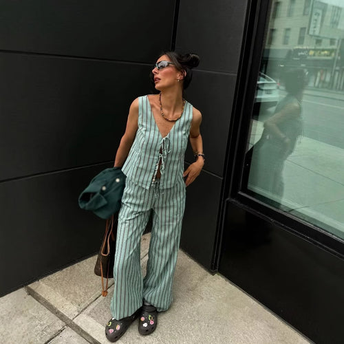 Wide striped pants for women with elastic waistband and tie belt Amarae