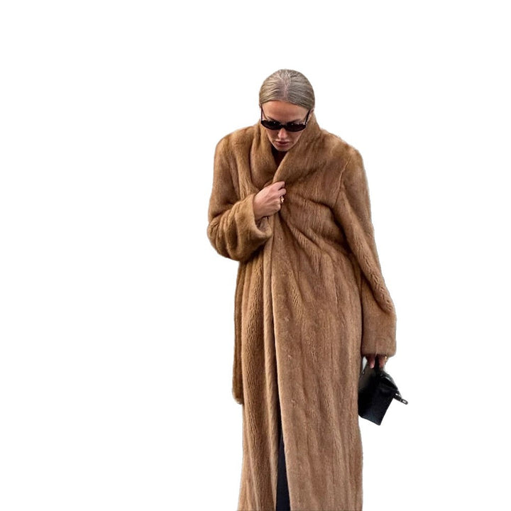 Women Luxurious Long Fur Coat with Shawl Collar and Flattering Oversize Cut Amarae