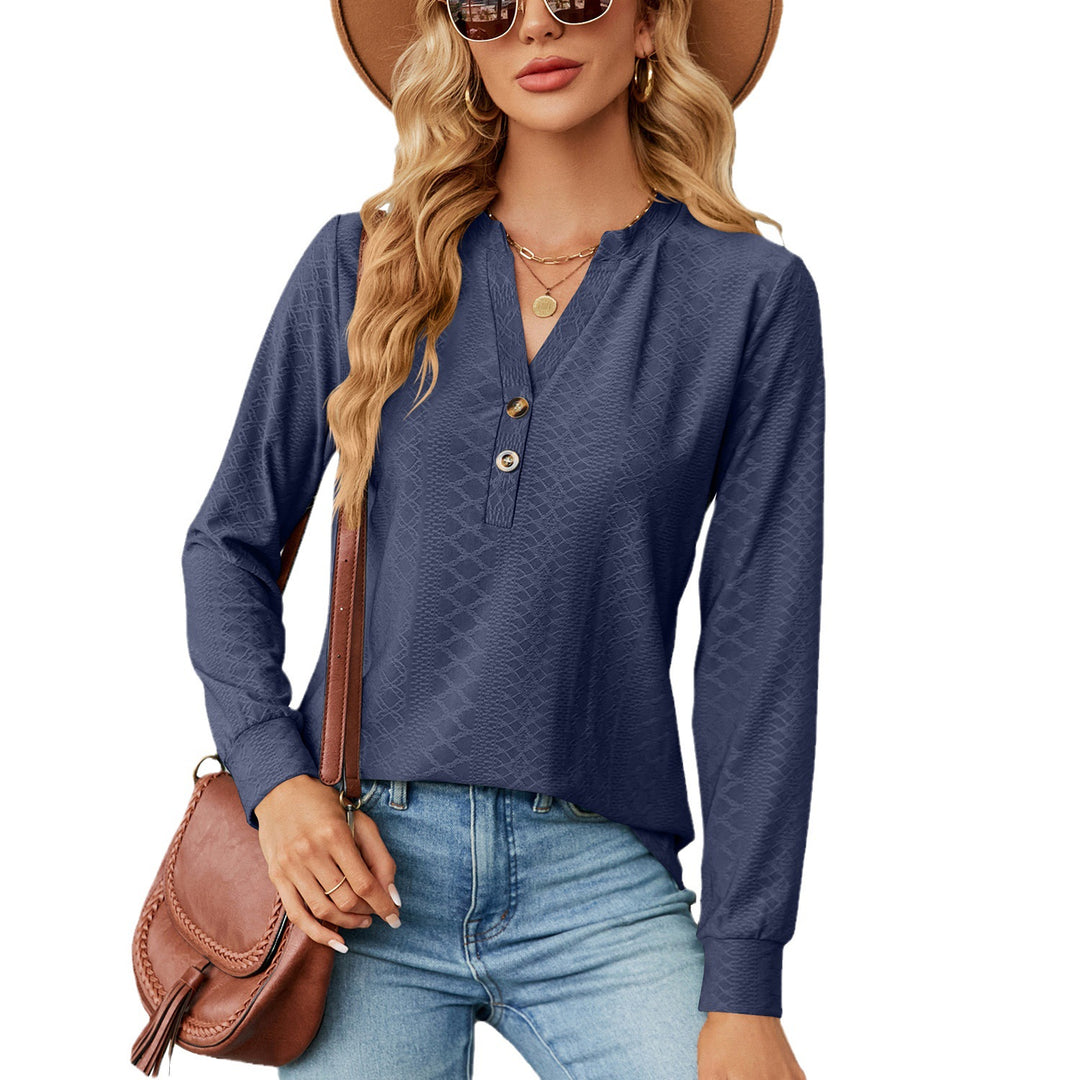 Women's long sleeve t-shirt with trendy Henley neckline and structured design Lune London