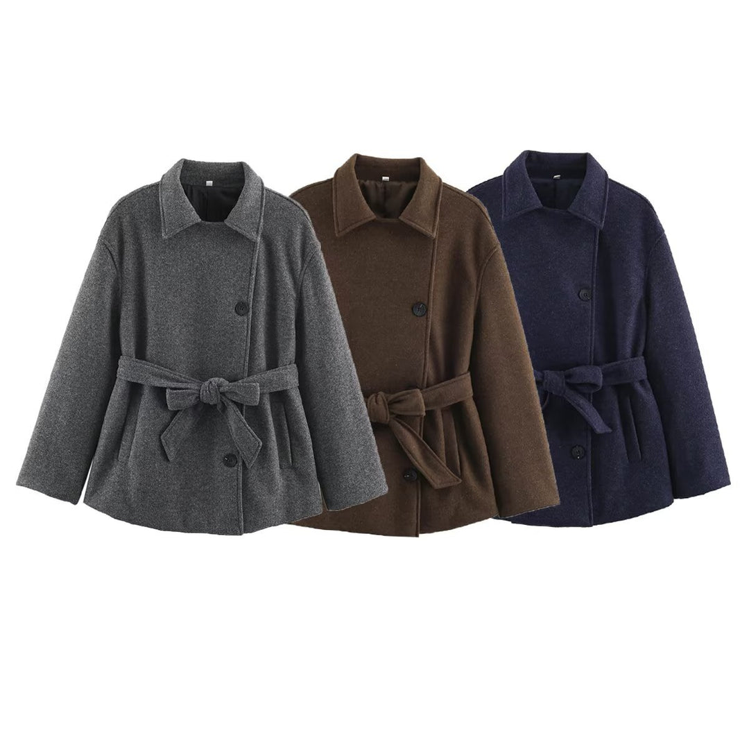 Women’s short wrap coat with belted waist and boxy silhouette Amarae