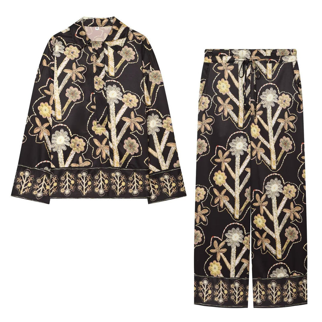 Women's Wide Satin Palazzo Pants with Floral Embroidery Motif and Drawstring