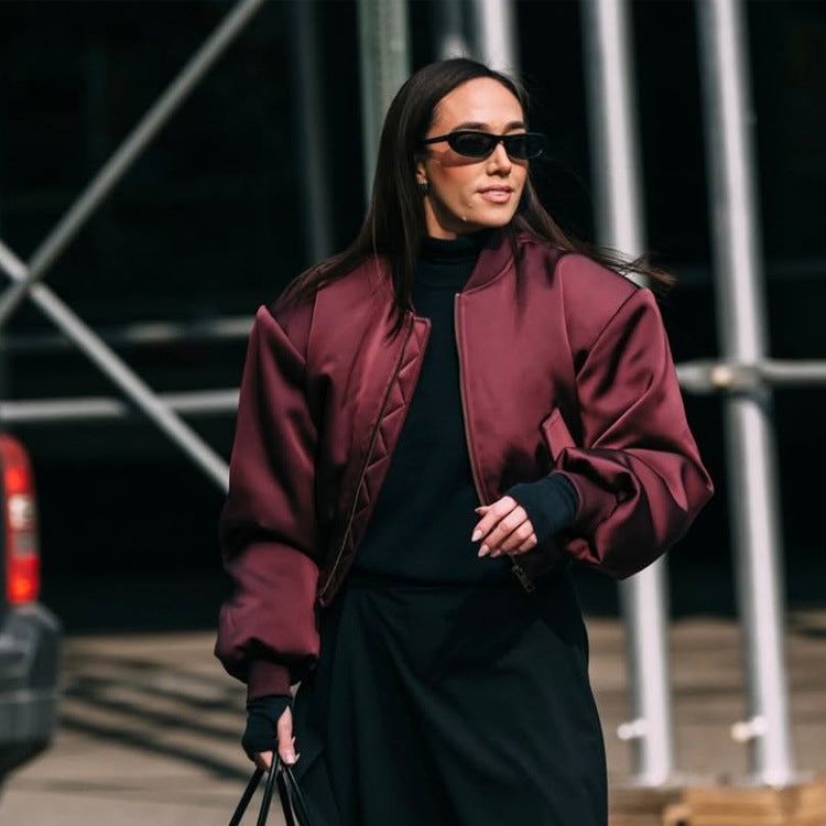 Ladies Short Satin Bomber with Boxy Silhouette, Flap Pockets and Elastic Cuff Amarae
