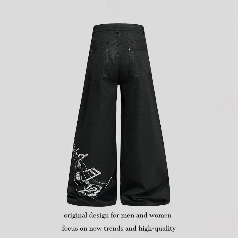 Women's wide high-cut palazzo pants with coated leather look, extra wide leg and statement print Amarae