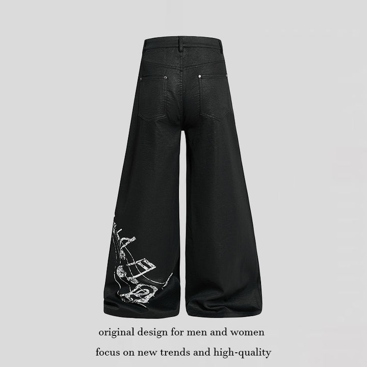 Women's wide high-cut palazzo pants with coated leather look, extra wide leg and statement print Amarae