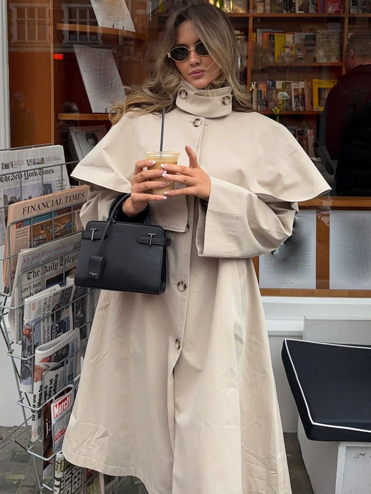 Ladies Oversize Trench Coat with Cape Detail and High Stand Collar Amarae
