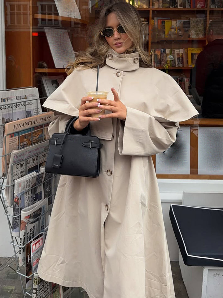 Ladies Oversize Trench Coat with Cape Detail and High Stand Collar Amarae