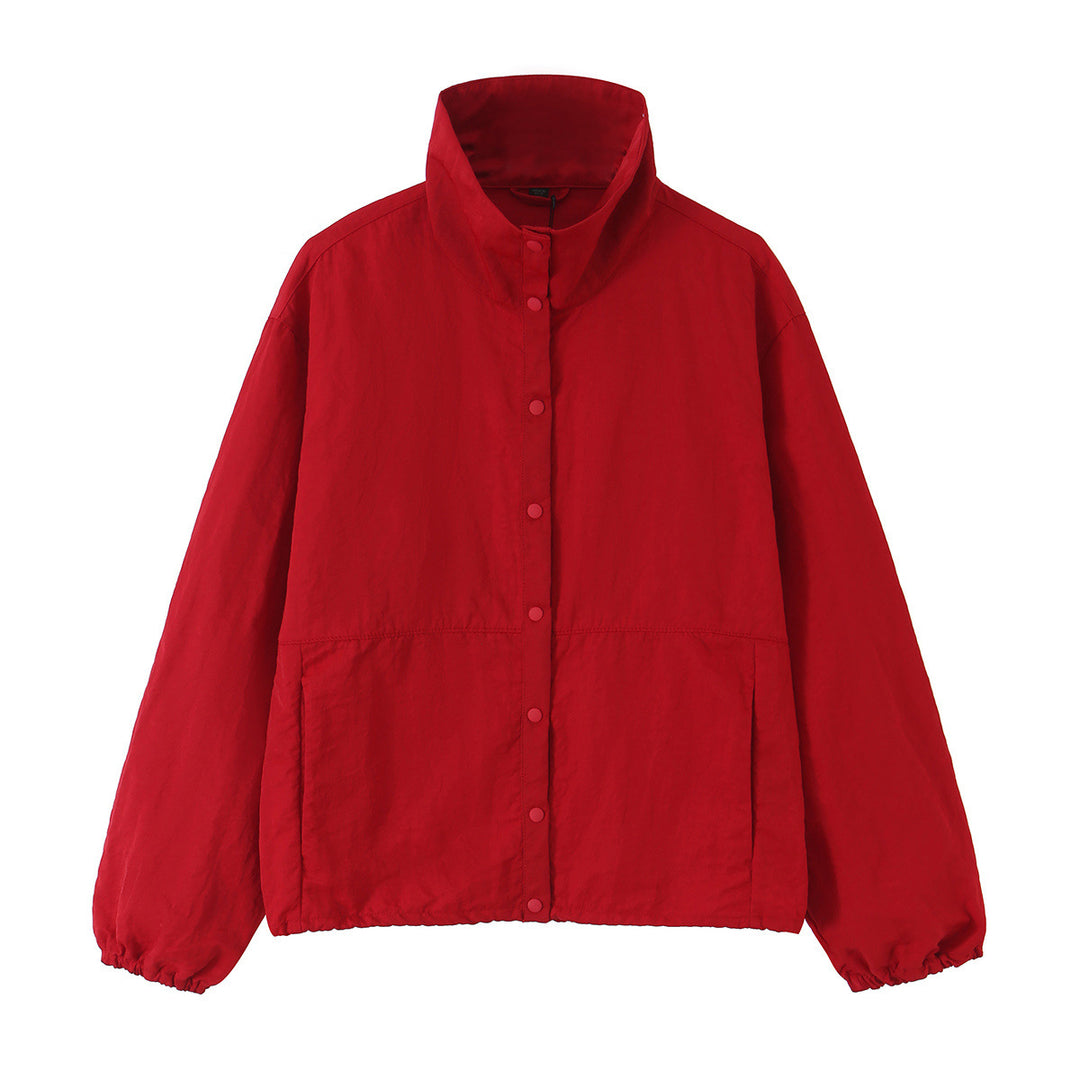Women's Boxy Transitional Jacket with Stand Collar and Snap Placket Amarae