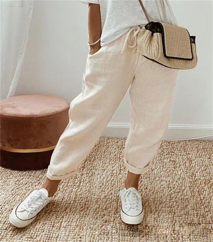 Women's linen jogger pants with drawstring, loose tapered fit and rolled hems Amarae