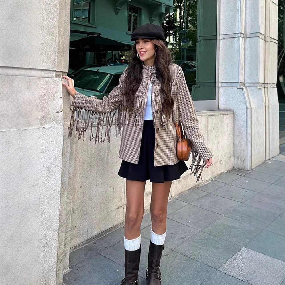 Women's short blazer with fringe and houndstooth pattern Amarae