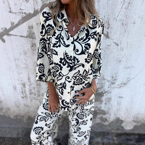 Amarae floral print shirt and wide leg pants set for women