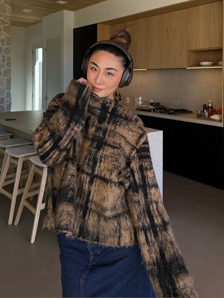 Women's Fluffy Pullover in Vintage Check with High Collar and Frayed Hem Amarae