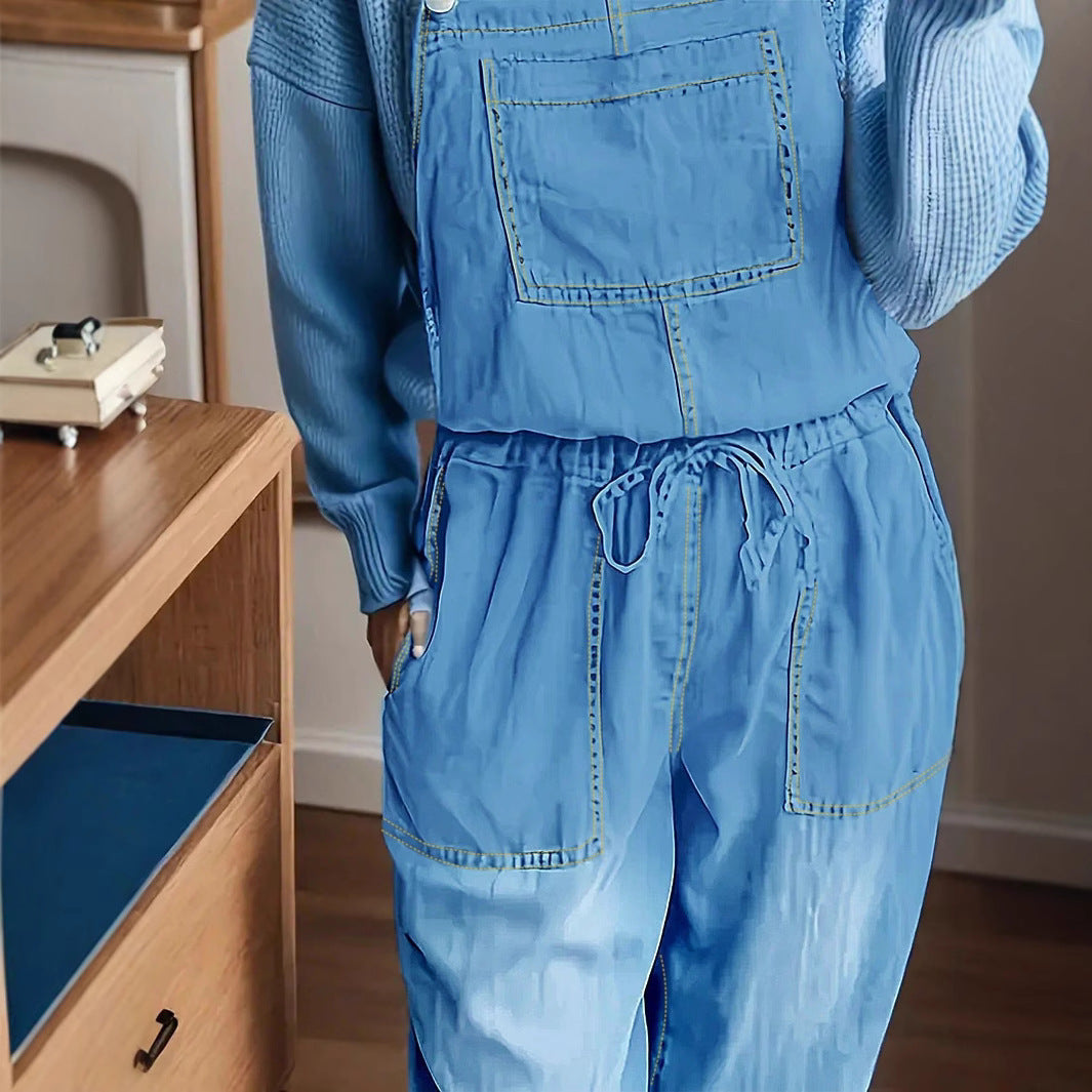 Women's Casual Denim Overall with Drawstring Waist and Patch Pockets Amarae