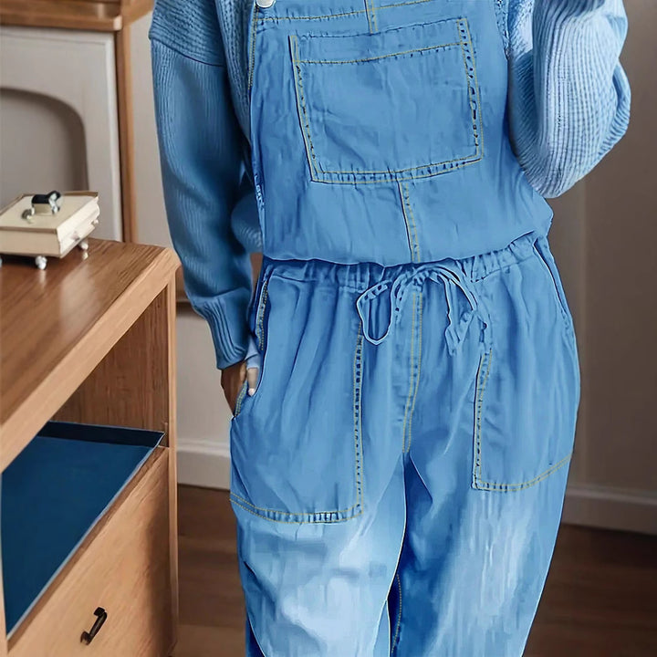 Women's Casual Denim Overall with Drawstring Waist and Patch Pockets Amarae