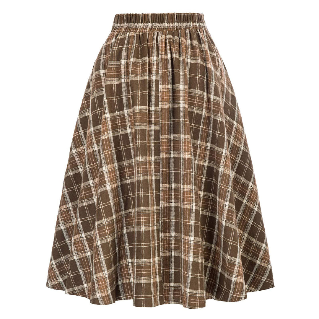 Women A-line Checkered Midi Skirt with Elastic Waistband Amarae