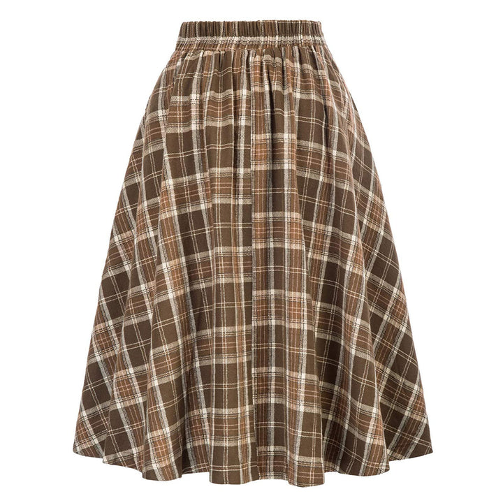 Women A-line Checkered Midi Skirt with Elastic Waistband Amarae