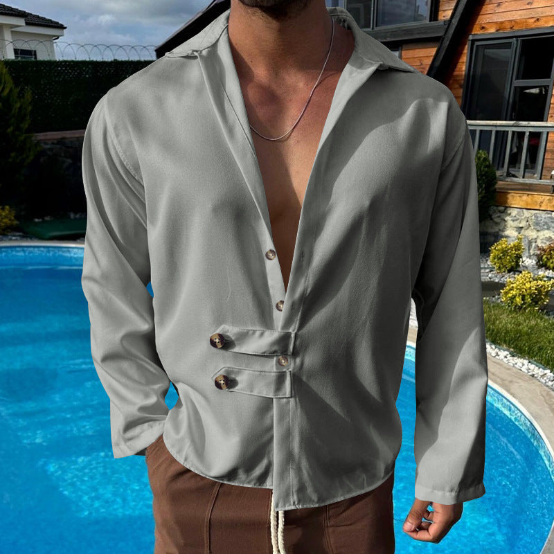Men's elegant long sleeve blouse with shawl collar and button details Amarae