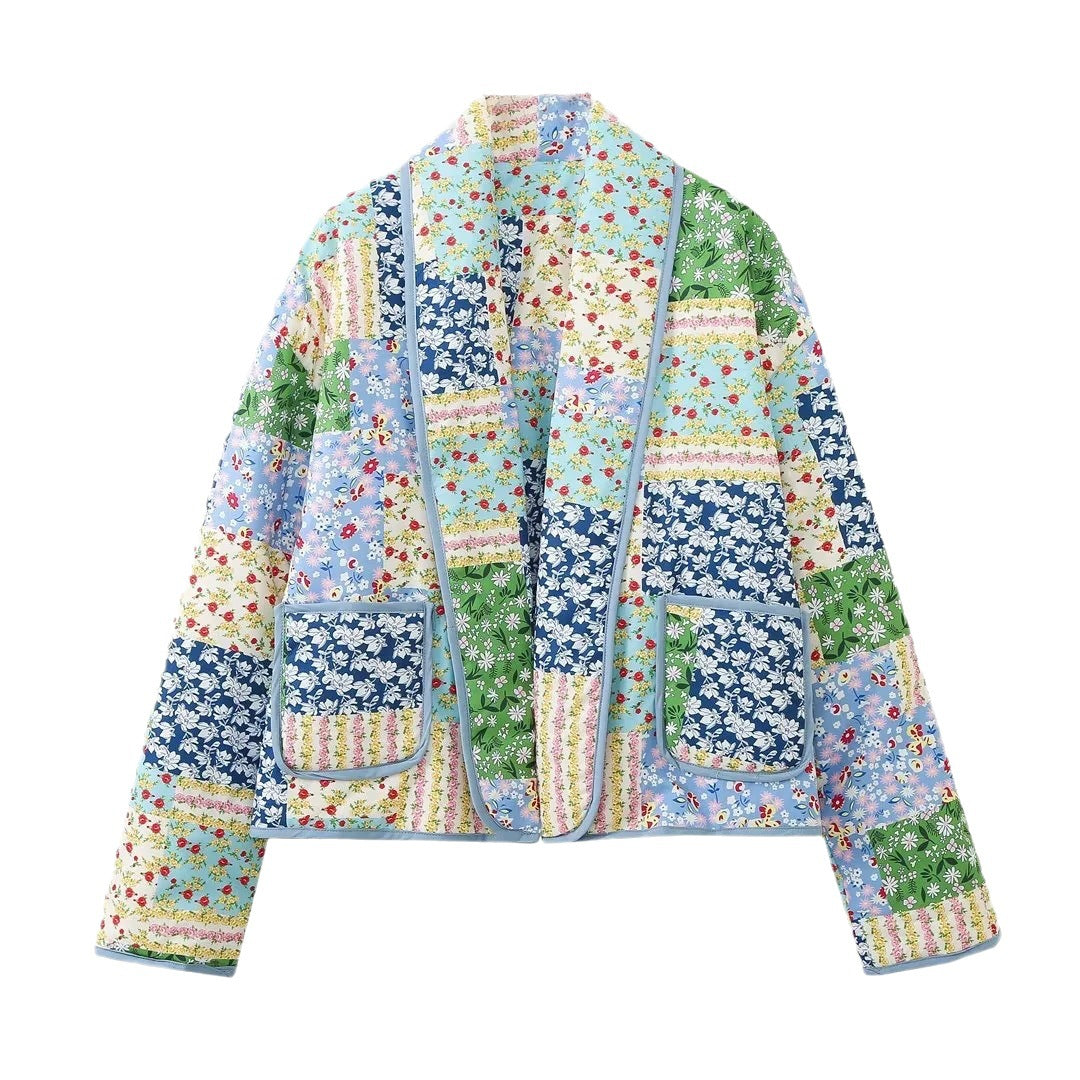 Ladies quilted patchwork quilted jacket with open shawl collar and patch pockets Amarae