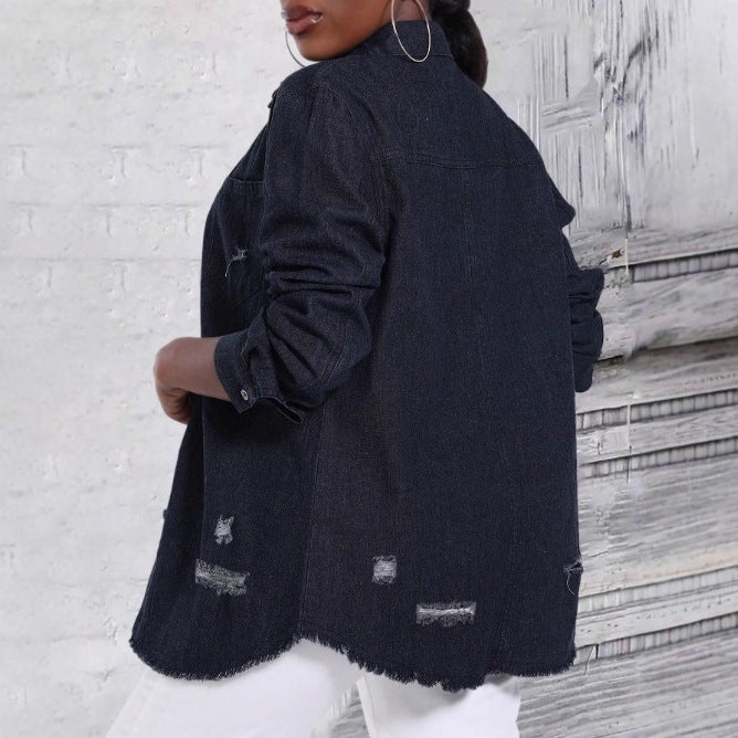Women Oversize Denim Shirt Jacket with Used Effects and Raw Hem Amarae