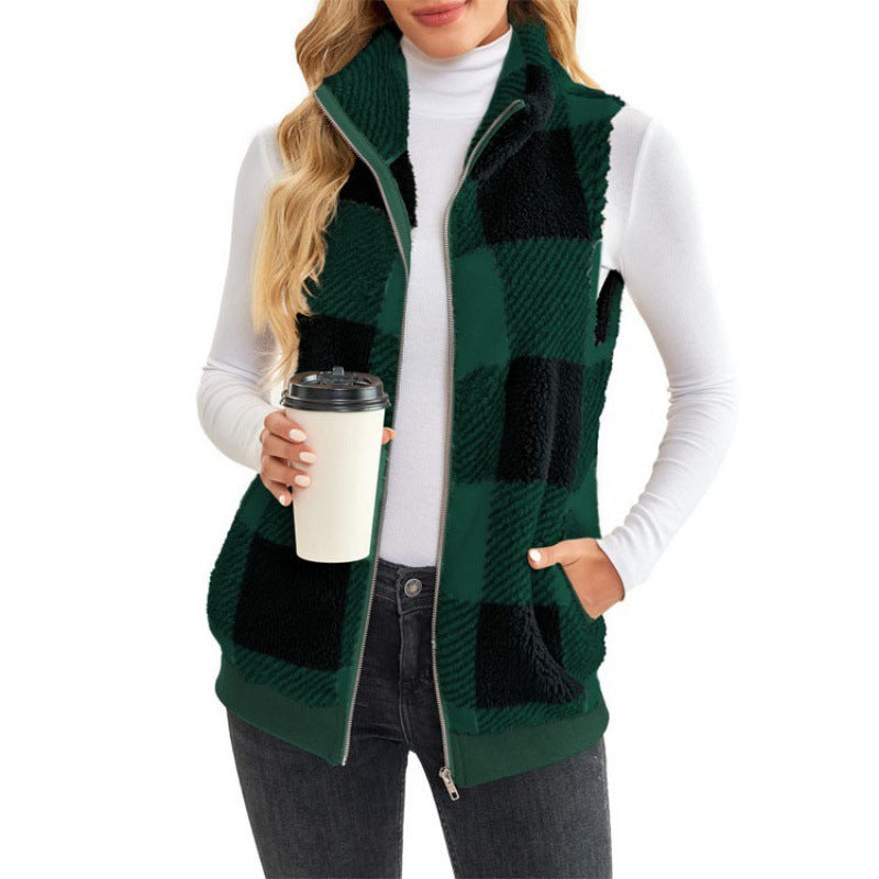 Ladies Checked Teddy Vest with Stand-Up Collar, Zipper and Side Pockets Amarae