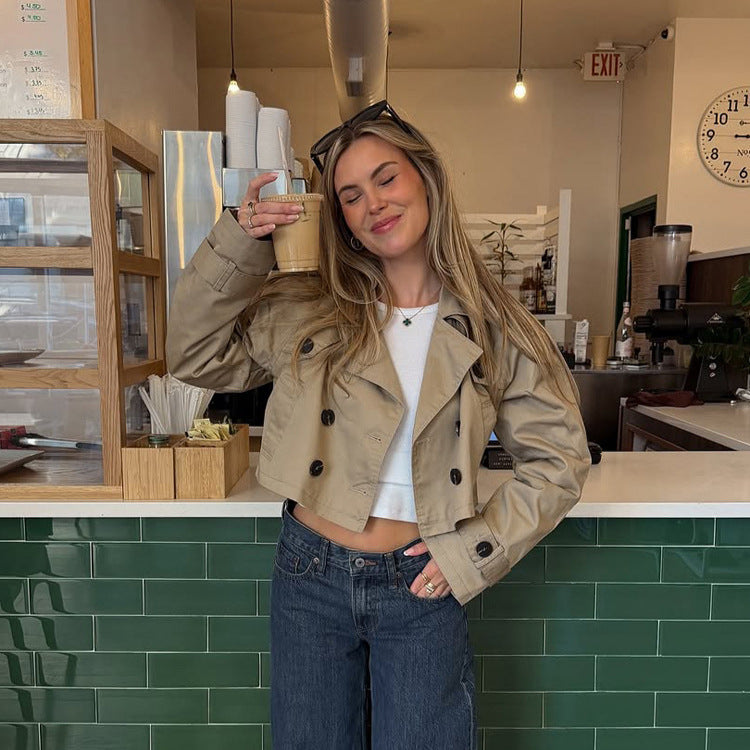 Women's Short-Cut Trench Blouson with Double-Breasted Button Placket and Shortened Silhouette Amarae