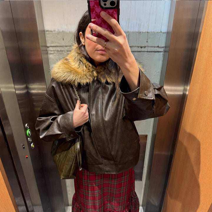 Women Boxy Faux Leather Blouson with Removable Faux Fur Collar and Concealed Button Placket Amarae
