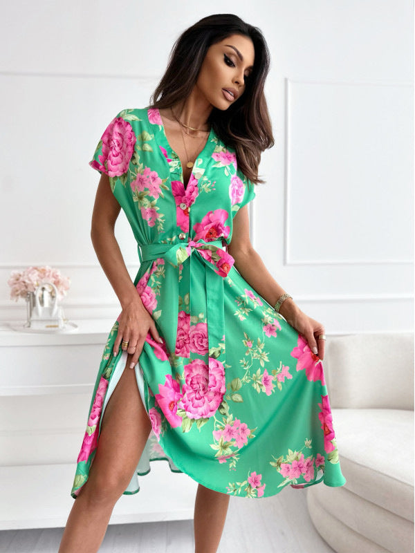Midi floral pattern dress for women with a tie belt Lune London