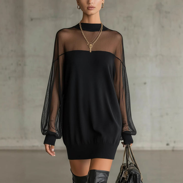 Women's Airy Mini Dress with Transparent Sleeve Parts and Stylish High Neck Lune London