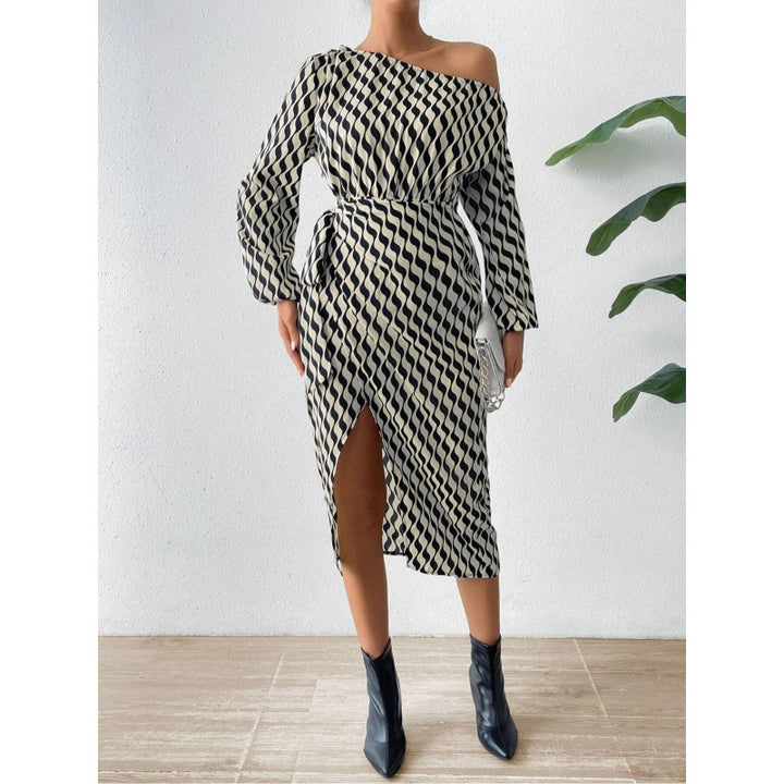 Midi dress for women with asymmetric cut and elegant wave pattern Lune London