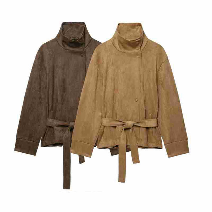 Women Short Velvet Look Jacket with High Funnel Neck, Snap Button Placket and Tie Belt Amarae