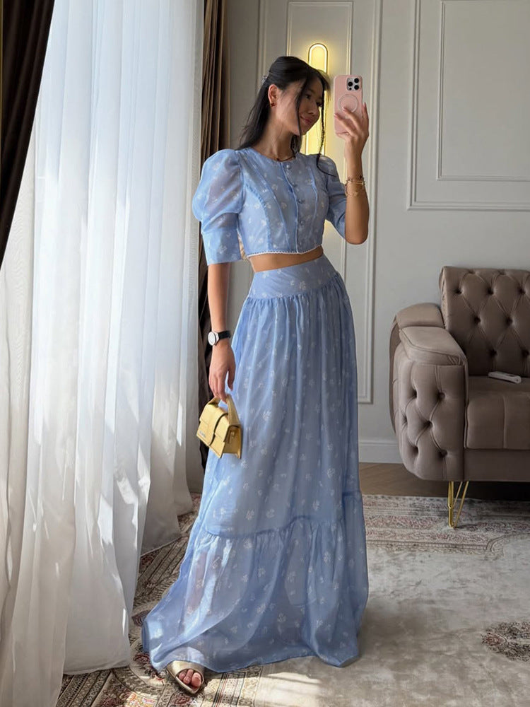 Women's Two-Piece Chiffon Set with Cropped Puff Blouse and Tiered Maxi Skirt Amarae